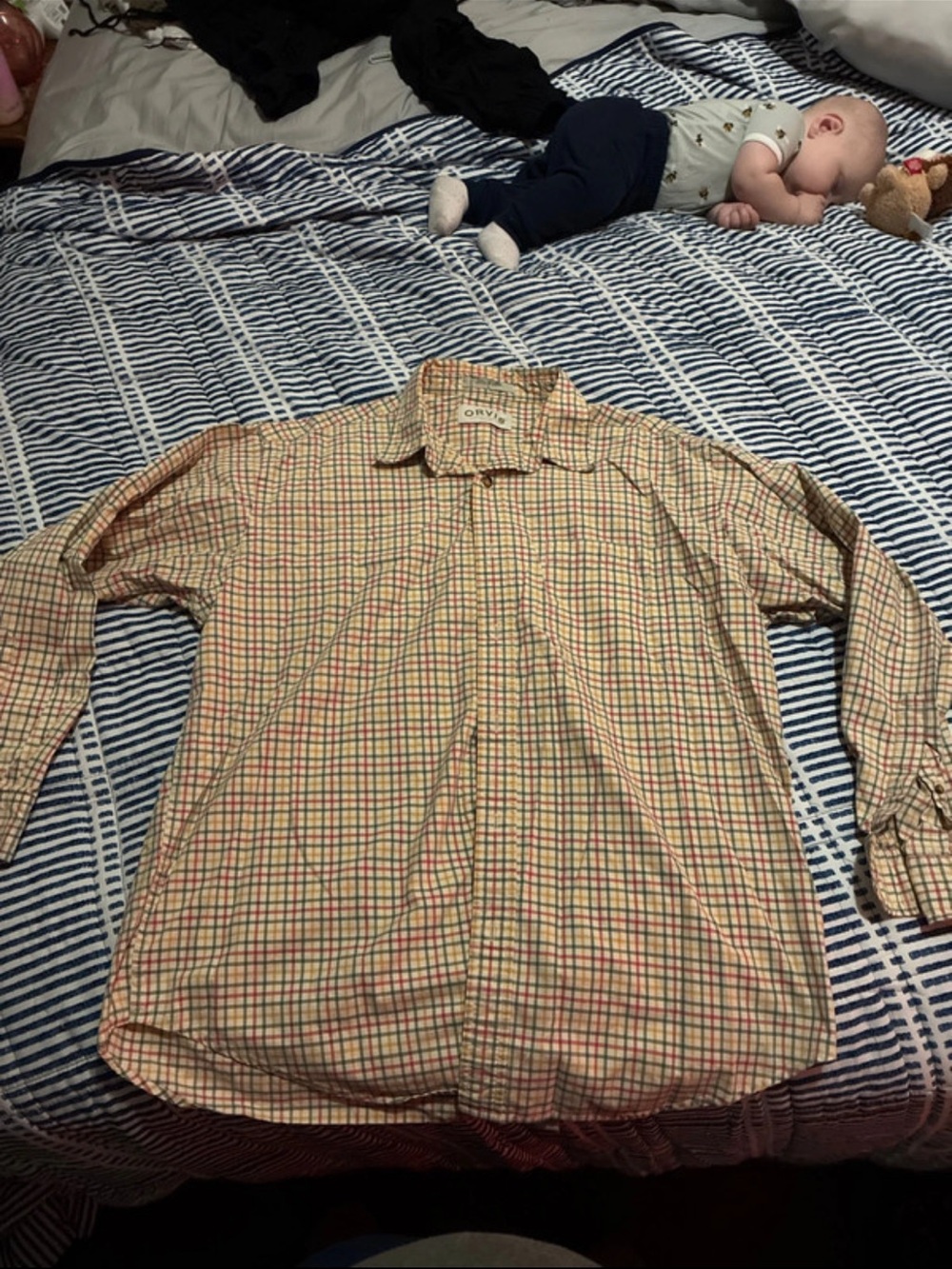 Orvis Men's Yellow and Green Plaid Button-Down Shirt